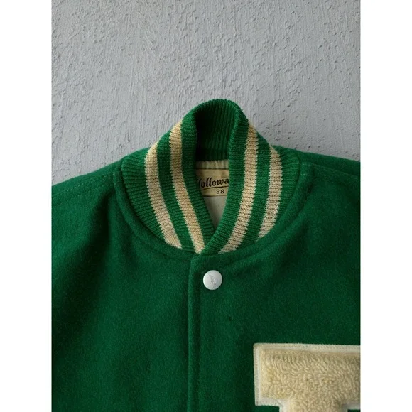 Vintage 1960s Holloway Green Wool Varsity Bomber Jacket USA Made 38 M - Picture 6 of 15